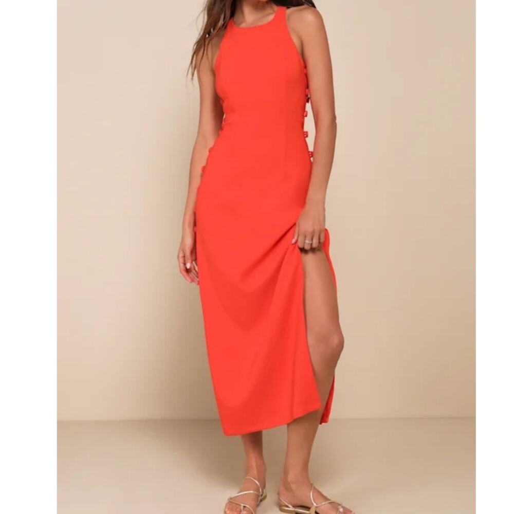 Lulu's Coral Red Halter Midi Dress